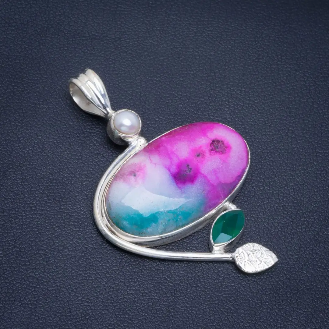

Natural Solar Quartz,Chrysoprase and River Pearl Handmade Unique 925 Sterling Silver Pendant 2" B3353