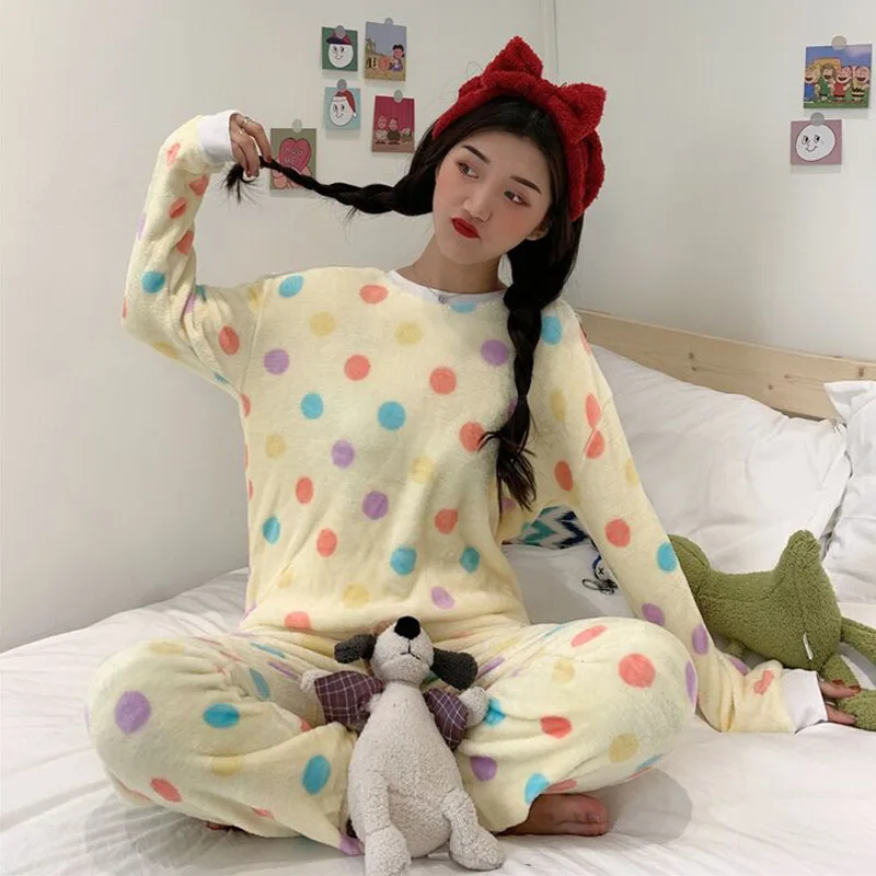 

Pajamas Women's 2019 New Style Autumn And Winter Korean-style Polka Dot Homewear Set Casual Fluffy Students Warm Two-Piece Set