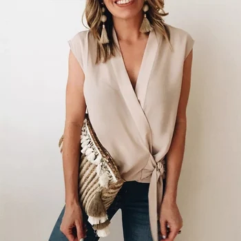 

Women Chiffon Sexy Deep V-neck Blouse Shirt Female Solid Short Bow Sleeveless Top Blouses Summer Casual Streetwear Tops Ladies