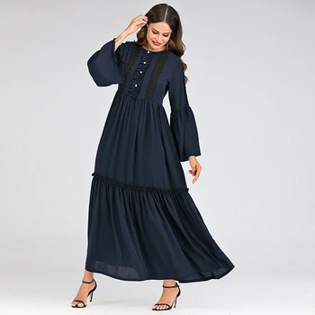 

Muslim Abaya Islamic Dress Woman Elegant Lace Pleated Ruched Skater Kaftan Dubai Turkish Long Sleeve Party Maxi Dresses Blue New