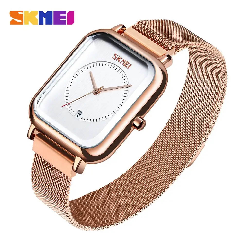 rose gold-white SKMEI Брендовые женские часы с браслетом квадратные наручные часы из нержавеющей стали с кристаллами женская одежда женские кварцевые часы 9207 - Цвет: rose gold-white