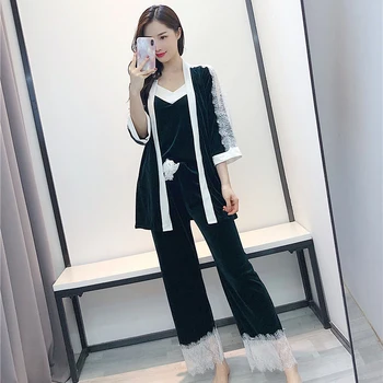 

Casual Gray Velour Bathrobe Female Lace Sleepwear Long Sleeve Nightgown Gown 3PCS Home Clothing Kimono Robe Negligee Homewear