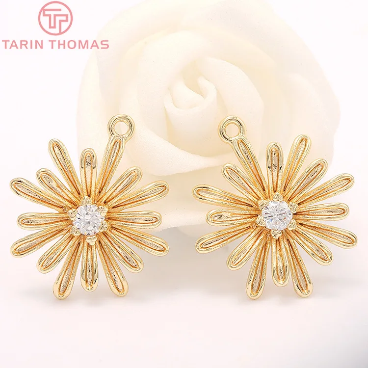 4PCS 16x18MM Hole 1MM 24K Gold Color Brass with Zircon Flowers Pendants Charms High Quality Diy Jewelry Findings Accessories | Украшения и
