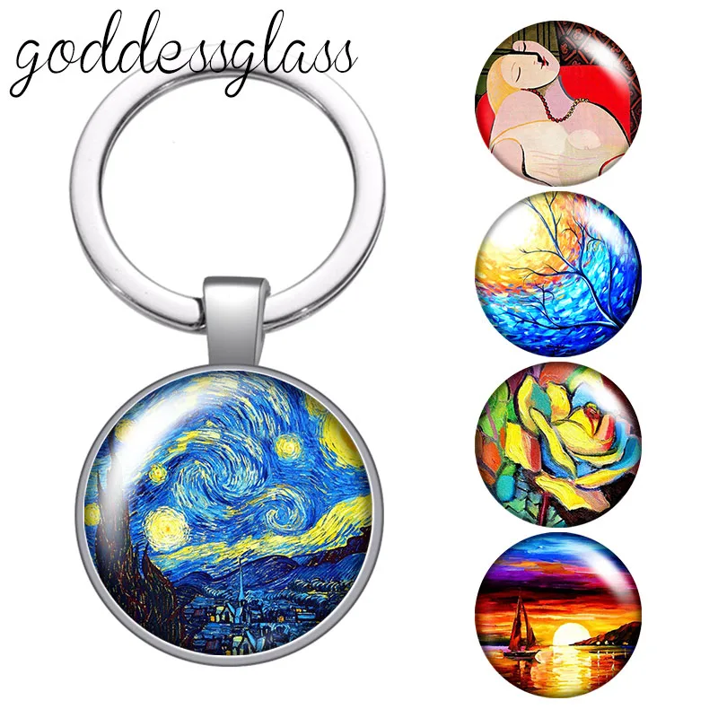 

Van Gogh Oil Paintings Vintage images Round glass cabochon keychain Bag Car key chain Ring Holder Charms keychains Gifts