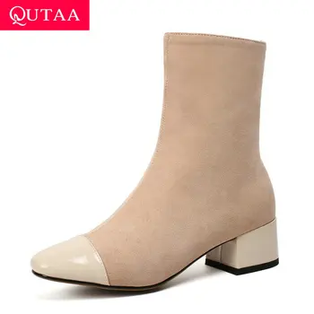 

QUTAA 2020 Patchwork PU Leather Flock Autumn Winter Casual Women Shoes Square High Heel Round Toe Zipper Ankle Boots Size 34-43