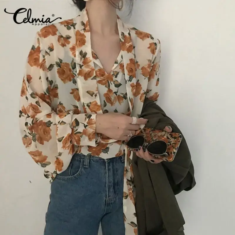  Elegant Women Chic Floral Print Blouses Celmia 2020 Lantern Sleeve Chiffon Shirts Bow Tie Sexy See-