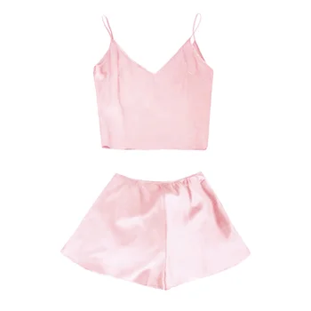 

2Pcs Women Sexy Backless Smooth Vest Solid Shorts Spaghetti Strap Sleepwear Underwear Nightwear Crop Top Pyjama Set