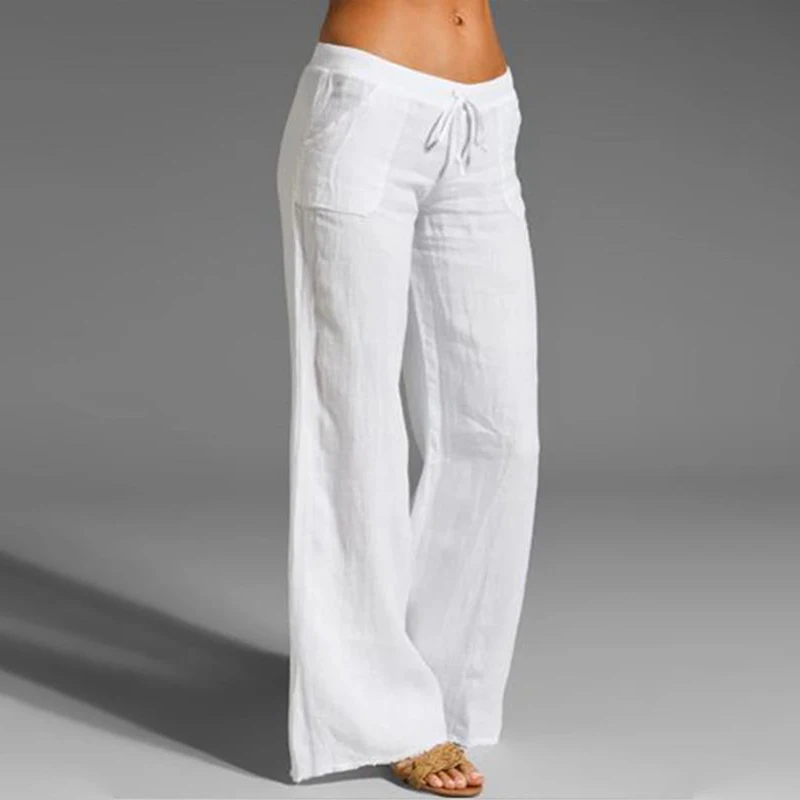 Pantalones de lino y algodón para mujer, pantalón harén de cintura alta, holgado, suave, con cintura elástica, blanco, azul, informal, para verano, 2021