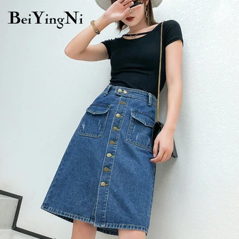 

Beiyingni Denim Skirt 2020 Summer Fashion Streetwear Vintage High Waist A-line Midi Skirts Woman Plus Size S-5XL Faldas Mujer