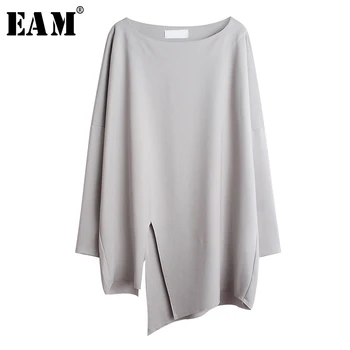 

[EAM] Women Gray Asymmetrical Vent Split Big Size T-shirt New Round Neck Long Sleeve Fashion Tide Spring Summer 2020 1S684