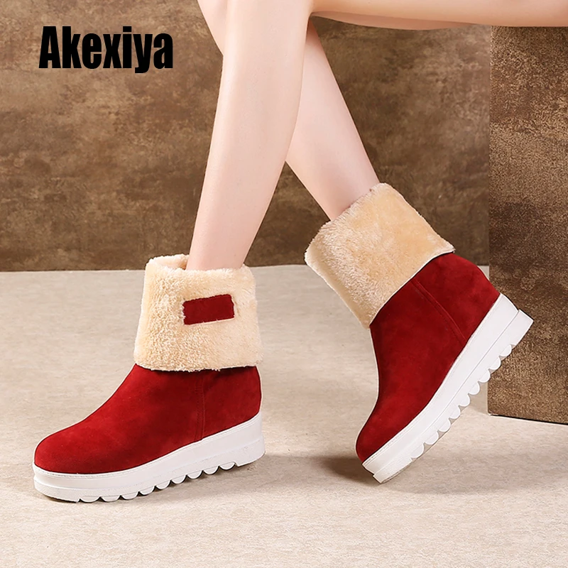

Winter Warm Ankle boots Women comfy Increase within Snow Boots Slip On platform Woman Shoes Black red khaki k436