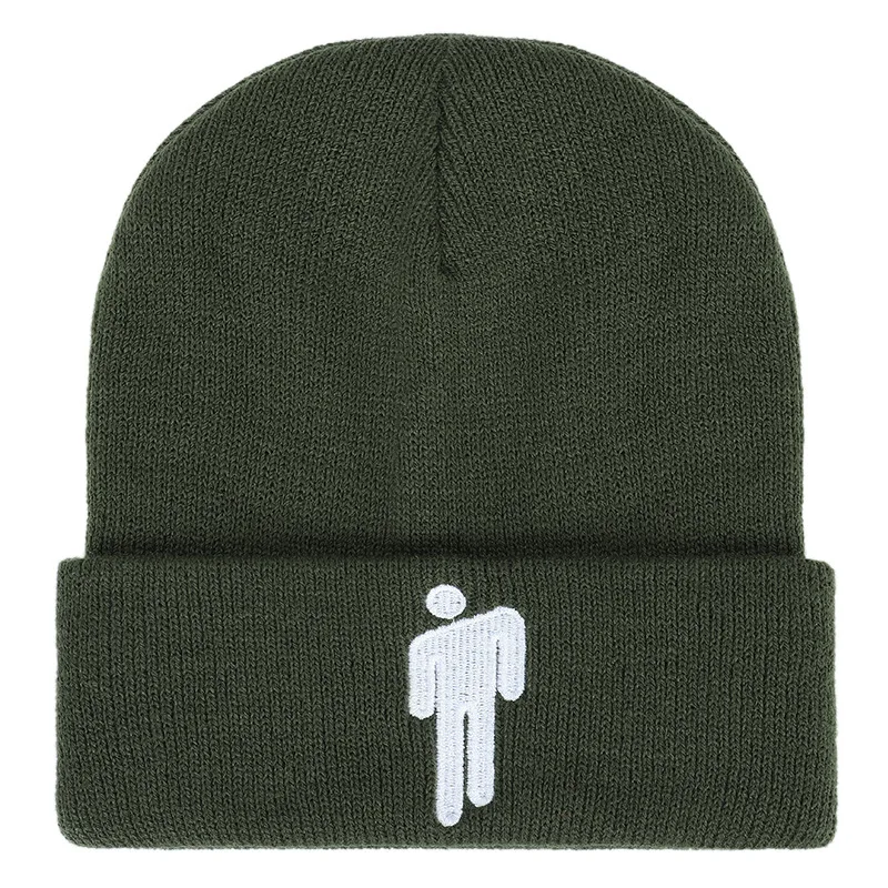 Шапка-бини с вышивкой Billie Eilish для женщин и мужчин, вязаные теплые зимние шапки для мужчин и женщин, одноцветные Повседневные шапки в стиле хип-хоп с манжетами - Цвет: Армейский зеленый