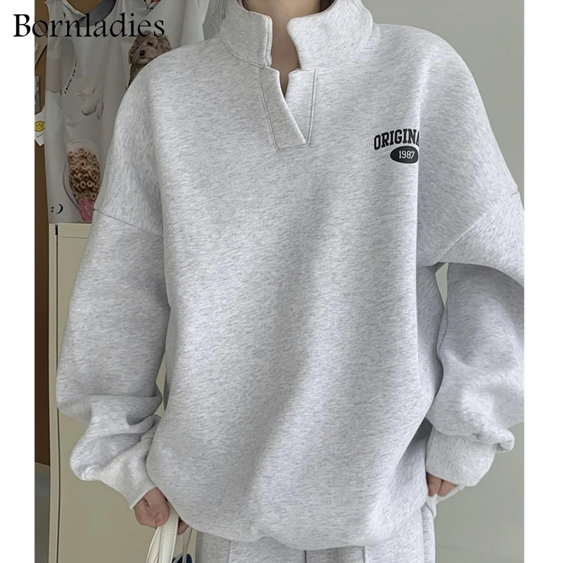 Bornladies 2022 Women Cotton Sweatshirt Suit Oversized Sets Female Stand Collar Loose Sweatshirt + Long Pants Suits Short Sets black pant suit Suits & Blazers