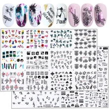 36 шт черные наклейки для ногтей набор смешанных цветочных геометрических букв Переводные переводные наклейки Striping Line татуировки ползунки Маникюр SA974-1