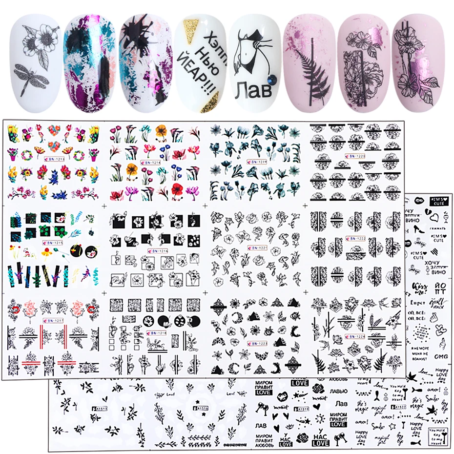 

36pcs Black Nail Stickers Set Mixed Floral Geometric Letter Water Transfer Decals Striping Line Tattoos Sliders Manicure SA974-1
