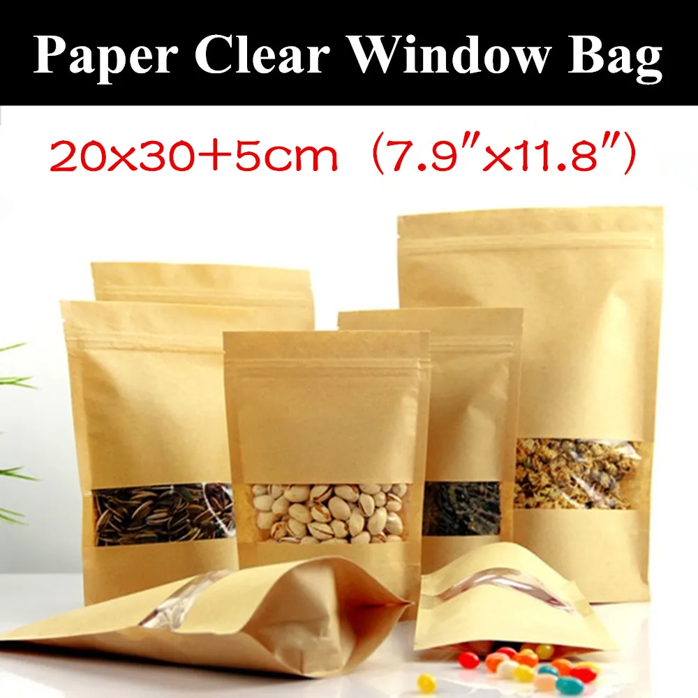 

50pcs 20x30+5cm (7.9"x11.8") 280micron Large Paper Window Ziplock Bag Stand up Paper Clear Window Display Bag for Bread/Biscuit