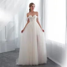 

Real photos Champagne Country Wedding Dresses A-Line Cheap sweetheart Tulle Sweep Train off shoulder sleeves Bridal Gown