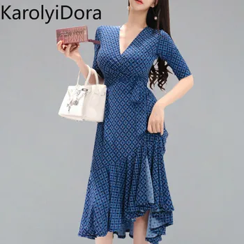 

Vintage Casual Lace Up Ruffles Dress Women 2019 Summer Fit And Flare Swing Dresses OL New Sexy Print A-line Vestidos