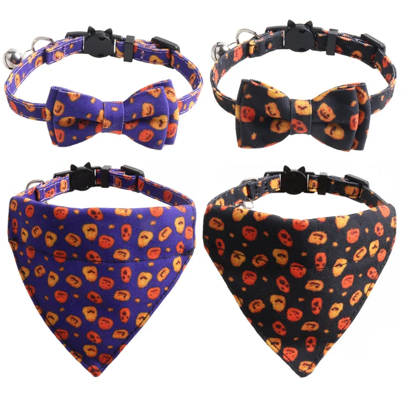 Halloween Cat Collar with Bell Adjustable Pumpkin Bowknot Kitten Bibs Safety Buckle Puppy Chihuahua Bandana Scarfs Pets Necklace | Дом и сад