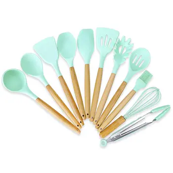 

Fashion Non-Stick Silicone Kitchen Portable Mini Kitchen Set With Wood Handle Shovel Scraper Colander Food Clip Egg Beater