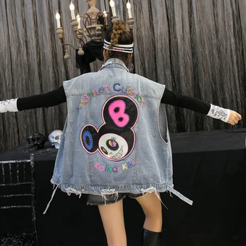 

European station new heavy industry beaded color letters woven vest tide card irregular hole loose denim vest