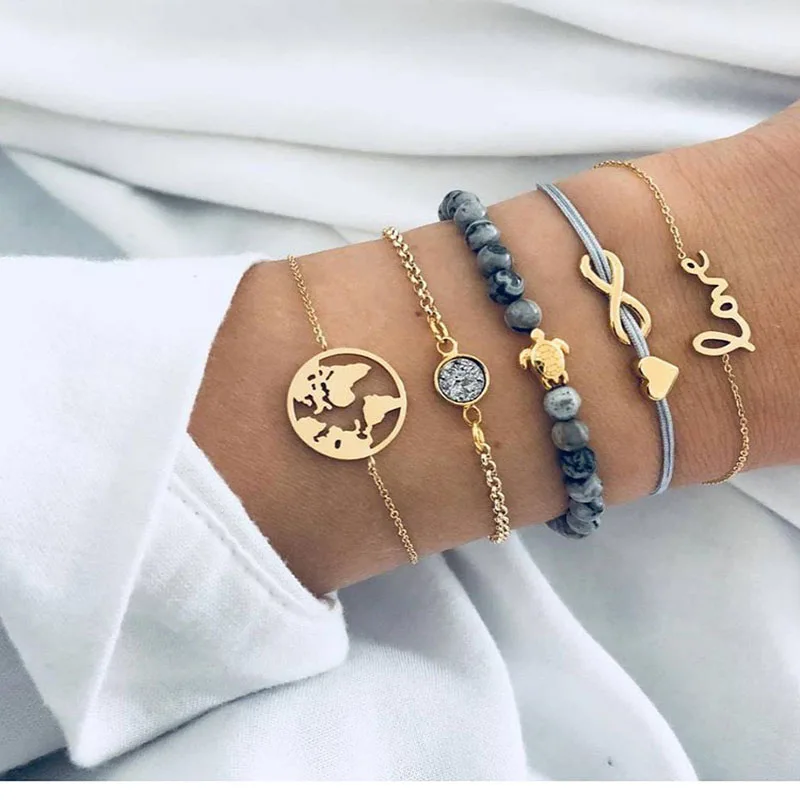 

New Arrival Weaving Love 8 Letters English Love World Map Turtle Gray Beads Natural Stone Bracelet Five Piece Set Wholesale