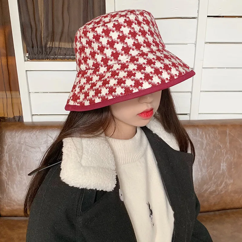 cheap bucket hats 2020 Ins New Autumn And Winter Retro Houndstooth Red Ladies Cotton Fisherman Hat British Girl Hot Pot Hat Sun Hat north face bucket hat