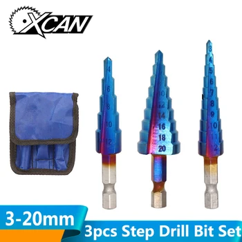 

XCAN 3pcs 3-12mm 4-12mm 4-20mm Nano Blue Coated HSS Steel Step Drill Bit Straight Flute Wood/Metal Hole Cutter Pagoda Drill Cone