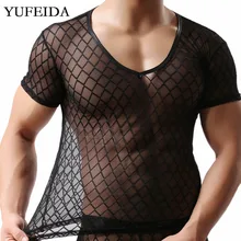 YUFEIDA сексуальные мужские топы, сетчатые прозрачные футболки с коротким рукавом, мужское нижнее белье, ночное белье, дышащие базовые футболки
