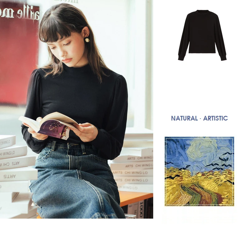 INMAN 2020 Autumn Winter New Arrival Retro French Style High Collar Bubble Long Sleeve Women T-Shirt