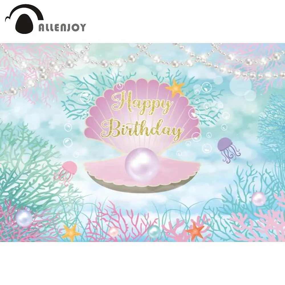 

Allenjoy Happy Birthday Party Background Baby Shower Seabed Mermaid Corals Pearls Shells Jellyfish Decoration Backdrop Photozone