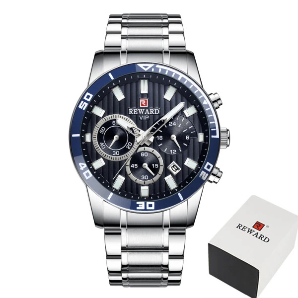 Наградные спортивные часы для мужчин, синие топ брендовые Роскошные военные наручные часы из нержавеющей стали, мужские часы, модные наручные часы с хронографом - Цвет: silver blue add box
