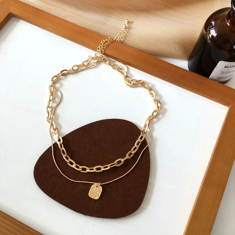 Stainless steel Double Chain Letter Square Pendant Short Necklace For Woman Korean Fashion Jewelry Gothic Girl's Choker Chain - Image 3