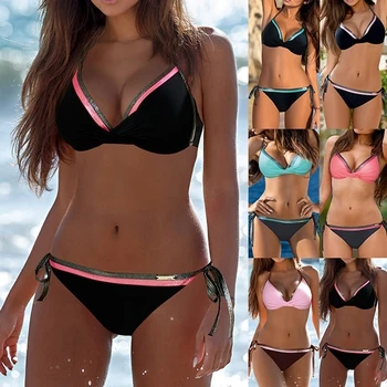 

Women Push Up Two Pieces Bikini Set Summer Sexy Solid Side Knot Thong Adjustable Padded Swimsuit Female Beach Swimwear Biquini