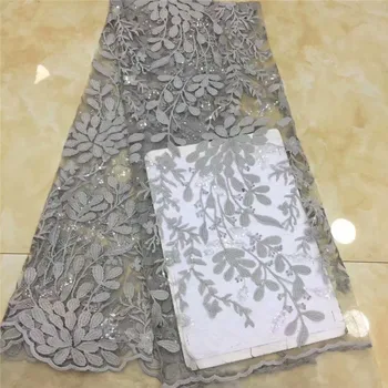 

African Lace Fabric 2019 gray Embroidery Nigerian sequns Lace Fabric.High Quality sequns French Tulle Lace Fabric For Women