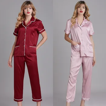 

2 Piece Autumn Women Sleepwear Faux Silk Satin Pajamas Set Long Sleeve Sleepwear Pajamas Suit Female Homewear pajama set