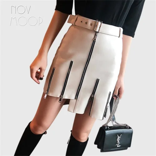Novmoop клуб Мода Стиль черный, белый цвет овчины пояса из натуральной кожи юбка с поясом молния Декор jupe femme будет di pelle LT2802 - Цвет: White