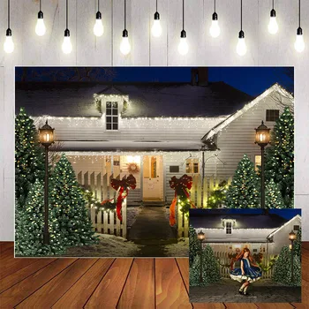 

Mehofond Photography Background Snow Christmas Tree House Flashing Lights Street Lamp Decorate Backdrop Photocall Photo Studio