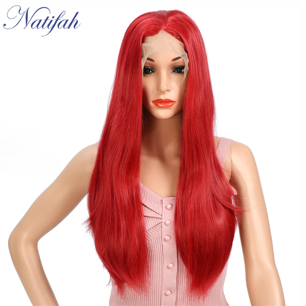 Natifah красный парик длинные прямые волосы синтетические парики на кружеве 24 дюйма средняя часть 150% плотность коричневый оранжевый для женщин Косплей