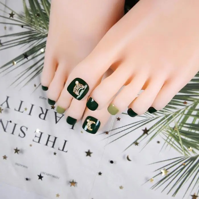 Авокадо зеленый Toenail Flash Nails короткий размер полное покрытие ногтей с клеем французское летнее украшение с Луной Модные женские ногти художественные советы