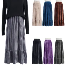 Осенне-зимняя женская бархатная длинная юбка, плиссированные юбки макси с оборками, юбки трапециевидной формы, эластичные юбки с высокой талией, женские бальные платья
