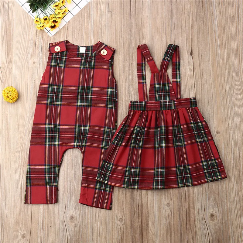 Рождественские одинаковые комплекты для семьи; Рождественская одежда для сестер; ремешок комбинезона; платье; клетчатая одежда для маленьких девочек