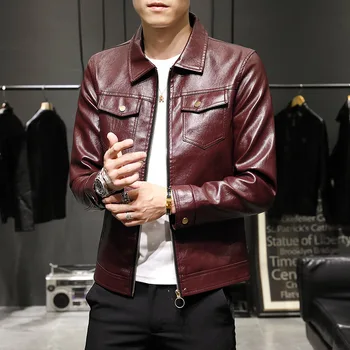 

2020 Men's Lapel Double Bag New Leather Youth Slim Casual Motorcycle PU Leather Jacket
