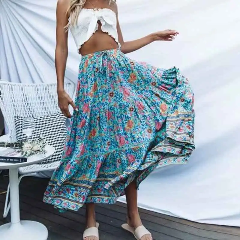 Boho Inspired TURQUOISE Print Women's High Waist skirts elastic wasit