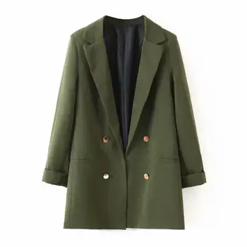 

Women Chic Army Green Open Stitch Work Suits Decorate Button Solid Female Blazers Pockets Back Split Stylish Coat