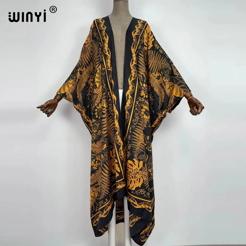WINYI 2021 Oversized Beach Kimono With Sashes Bohemian Vintage Slim Sexy Long Cardigan Women Big Sleeve sukienka Fringe Cover-Up