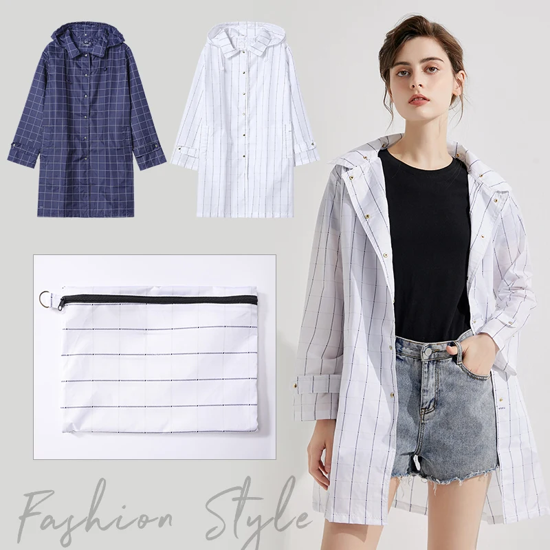Womens Fashion Blue White Grid Raincoat Rainproof Rain Coat Windbreaker for Hiking Touring
