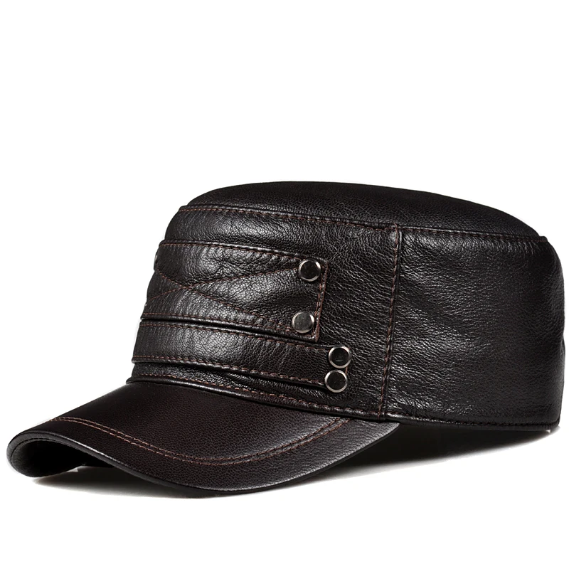 Pudi мужская шапка из натуральной кожи, мужские зимние армейские военные кепки-бейсболки, черные коричневые HL818 - Цвет: brown