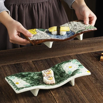 

11 Inch Japanese Painted Ceramic Sushi Dim Sum Rectangular Plate Home Sashimi Cuisine Dessert Plate Hotel Restaurant Tableware
