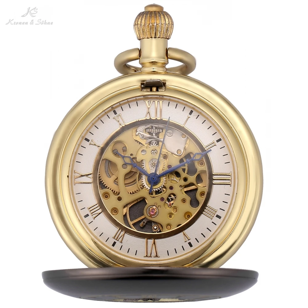 

KS IP Gun Metal Polished Hunter Skeleton Steampunk Golden Roman Chain Onion Crown Hand Winding Mechanical Pocket Watches /KSP089